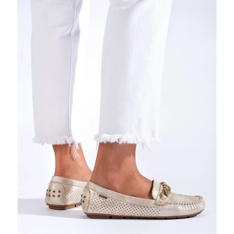 Openwork light suede moccasins Shelovet beige and gold