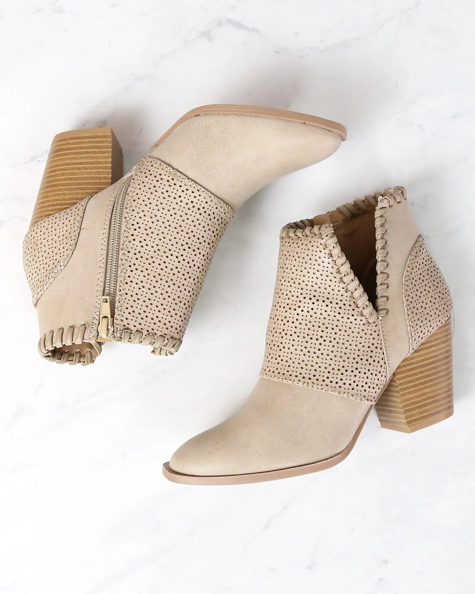 Perforated Chunky Heeled Booties in Burnish Taupe PU