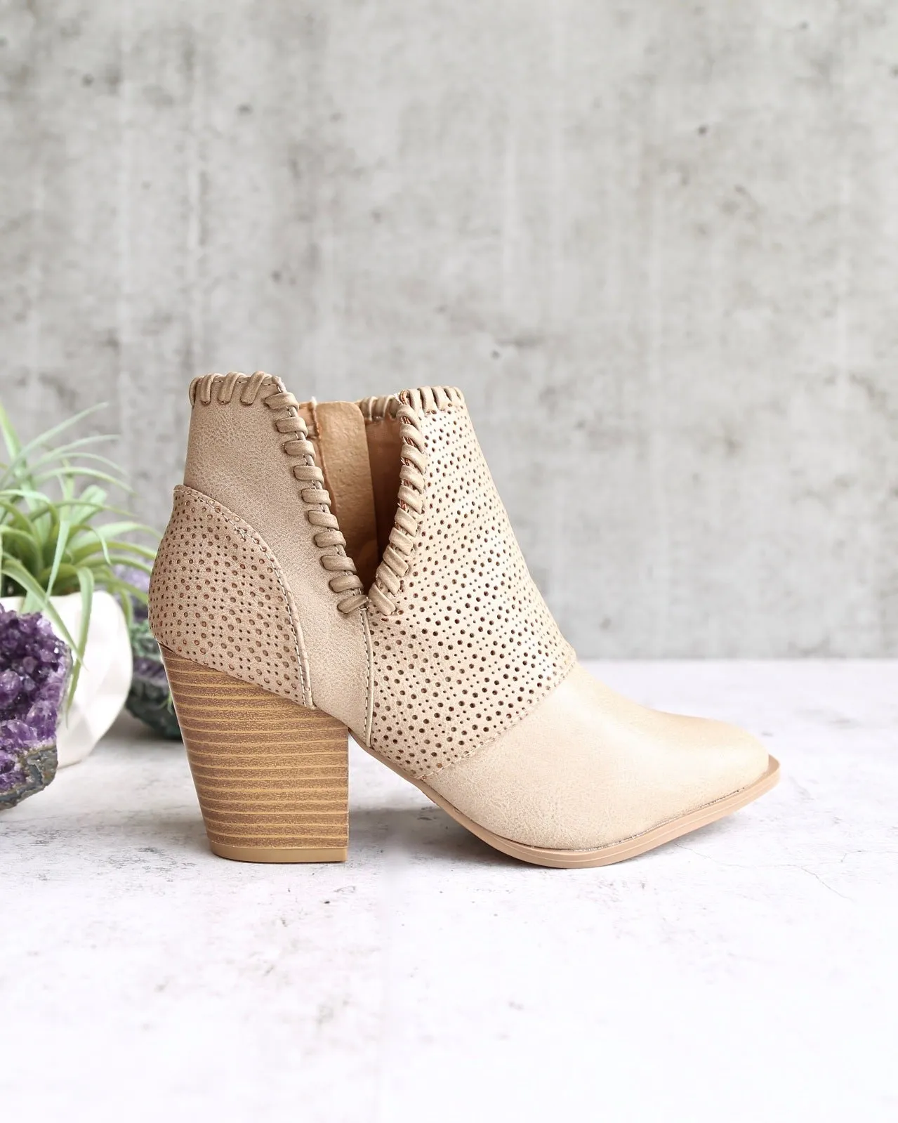 Perforated Chunky Heeled Booties in Burnish Taupe PU