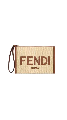 Raffia Flat Pouch - Brown/Natural