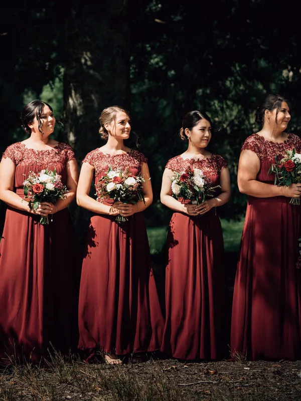 Round Neck A-line Red Chiffon Lace Short Sleeve Bridesmaid Dresses.DB10825