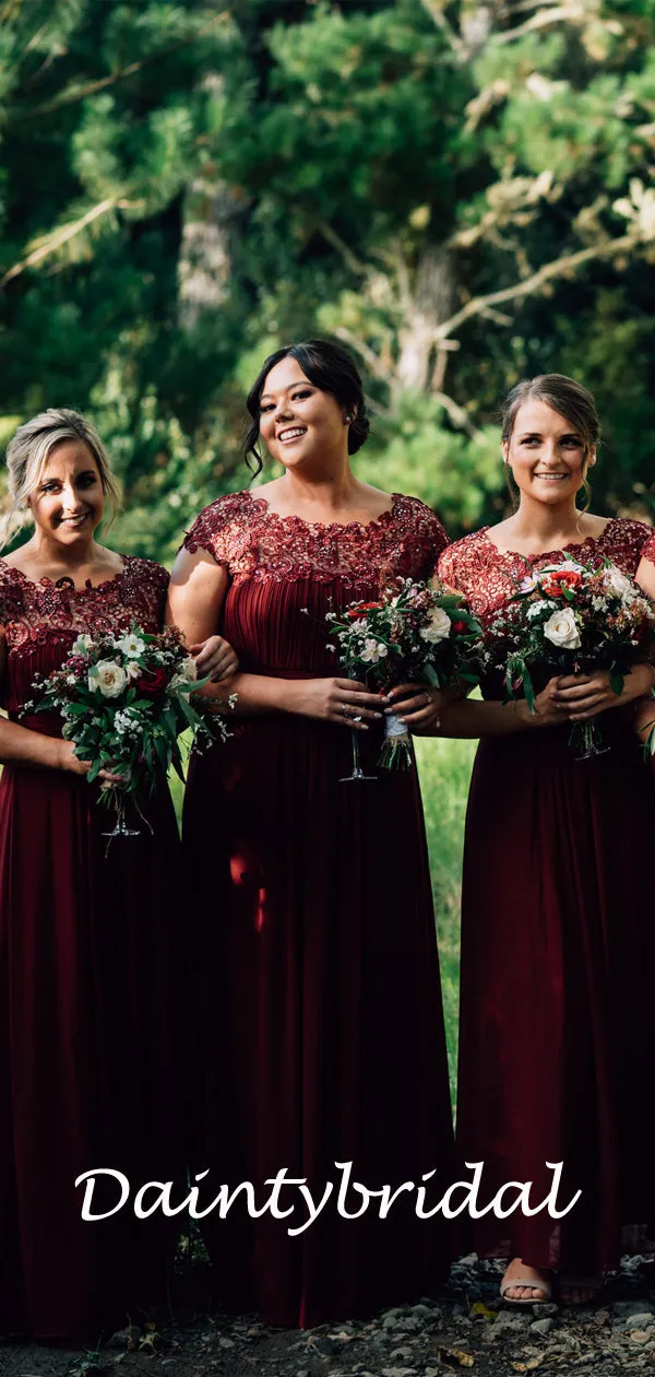 Round Neck A-line Red Chiffon Lace Short Sleeve Bridesmaid Dresses.DB10825