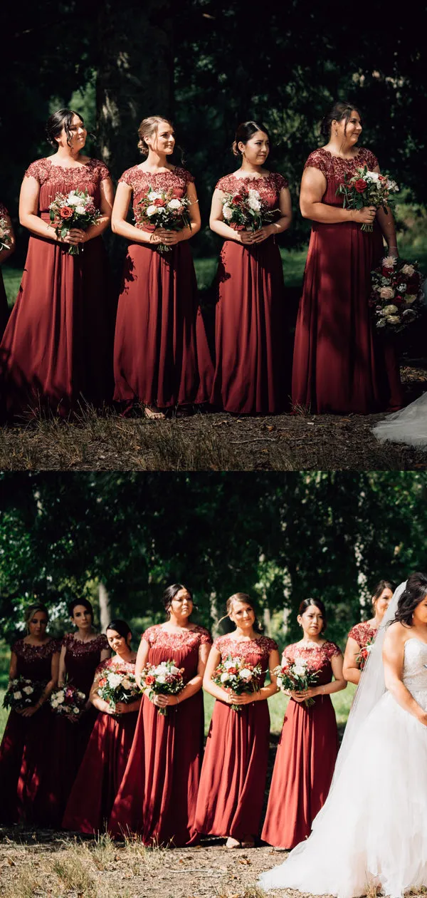 Round Neck A-line Red Chiffon Lace Short Sleeve Bridesmaid Dresses.DB10825