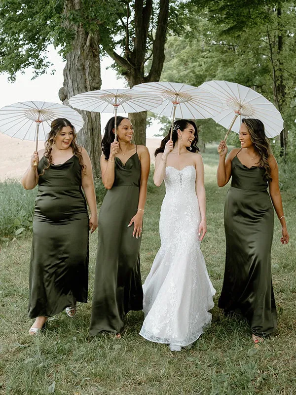 Simple Spaghetti Straps Cross Back Satin Bridesmaid Dresses, BG394