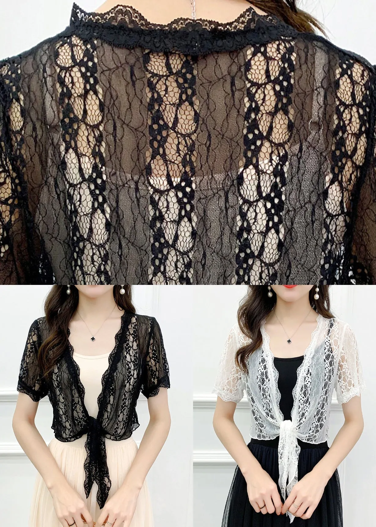 Slim Fit Black Lace Up Hollow Out Lace Cardigans Summer AS1031