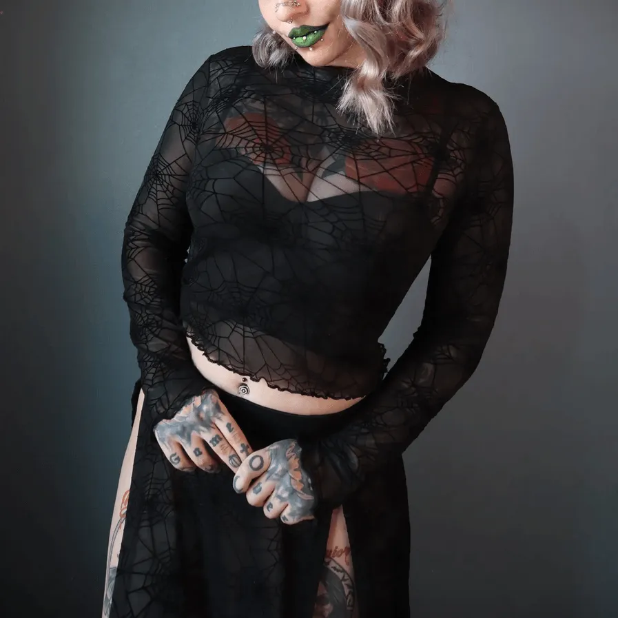 Spider Web Mesh Long Sleeve Crop Top