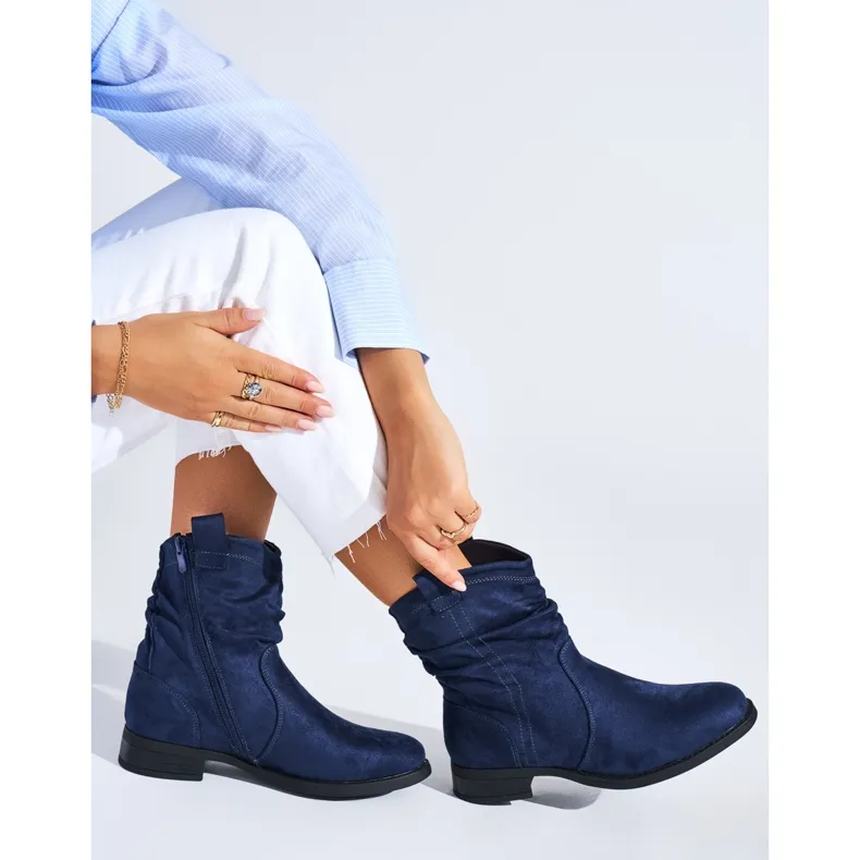 Suede navy blue flat ankle boots