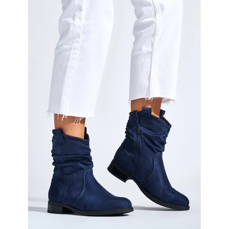 Suede navy blue flat ankle boots