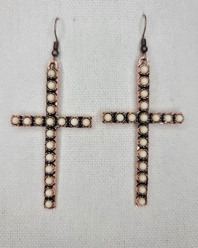 Thin Cream Cross Earrings in copper tone