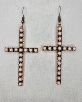 Thin Cream Cross Earrings in copper tone