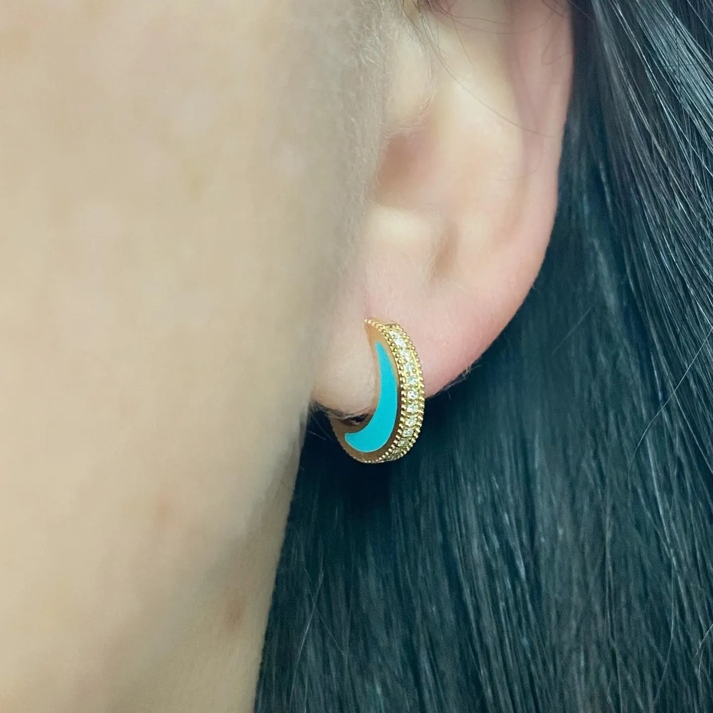 Turquoise Half Moon Diamond Mini Hoops