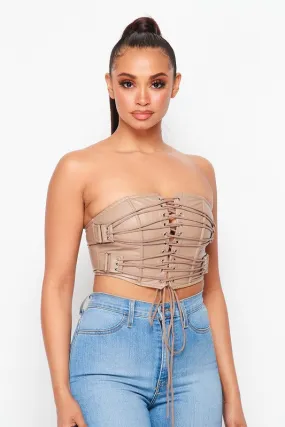 Venus Lace Up Taupe Crop Top