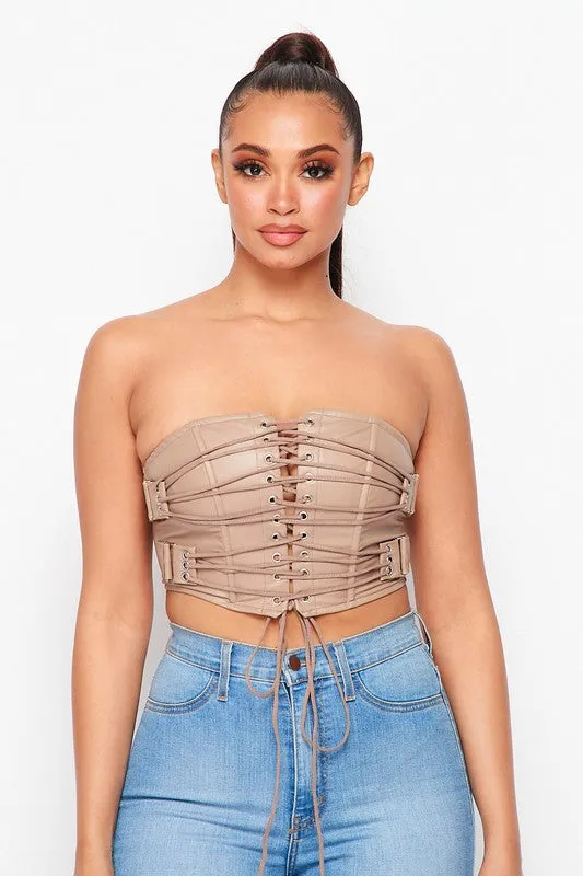 Venus Lace Up Taupe Crop Top