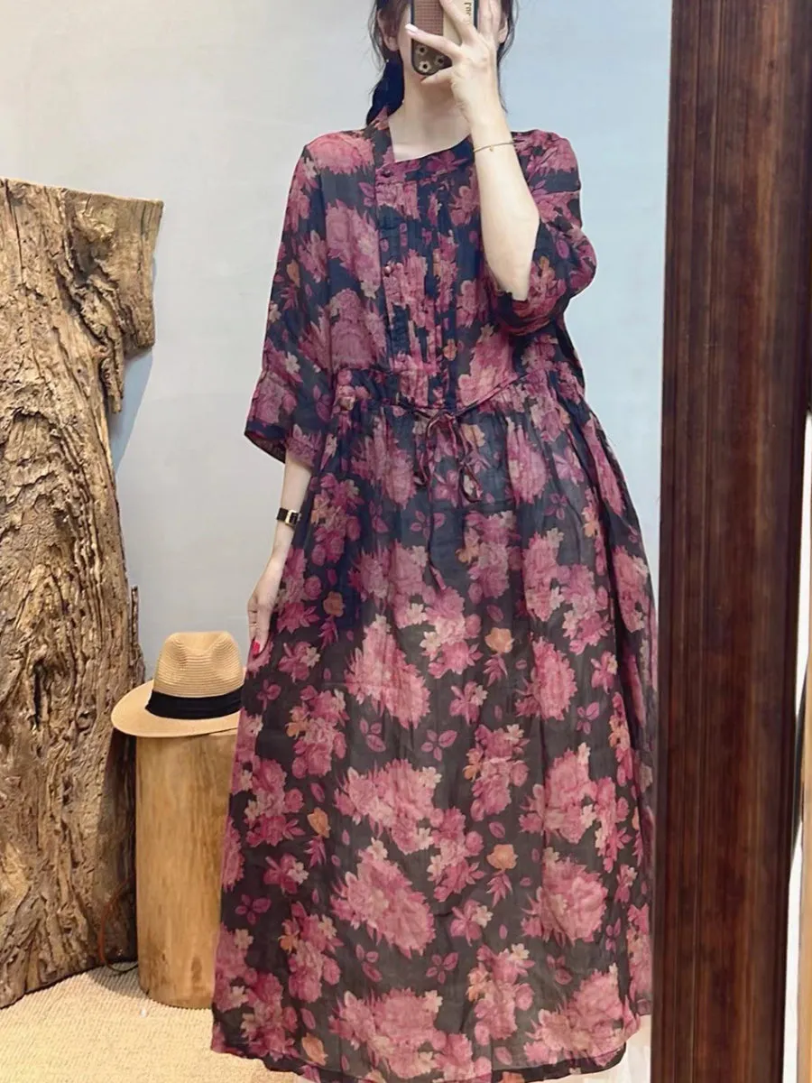 Women Summer Vintage Flower Ramie Loose Dress SC1020