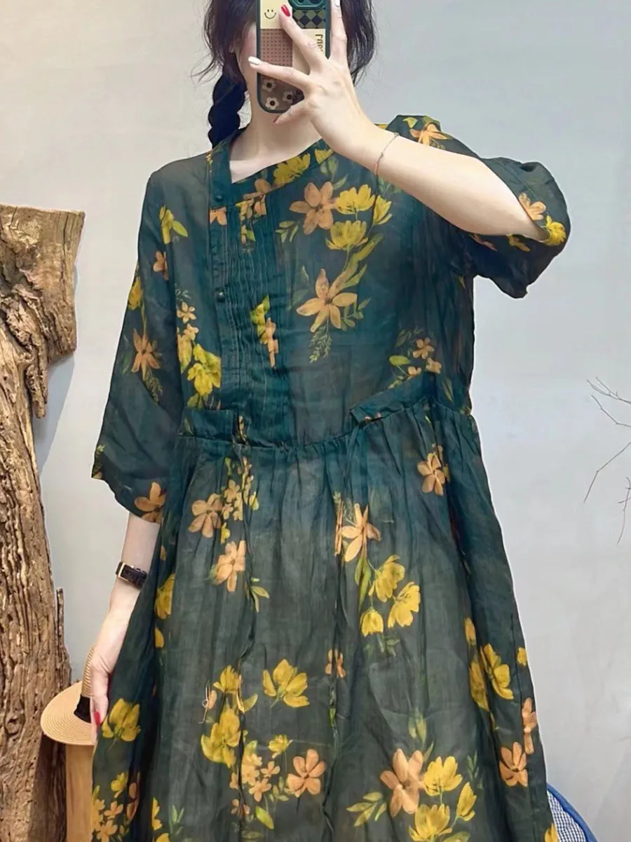 Women Summer Vintage Flower Ramie Loose Dress SC1020