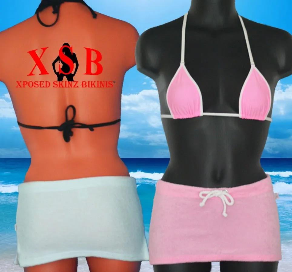 Xposed Skinz Bikinis x770 Sexy Terry Beach Micro Bikini Skirt Mesh Pink White