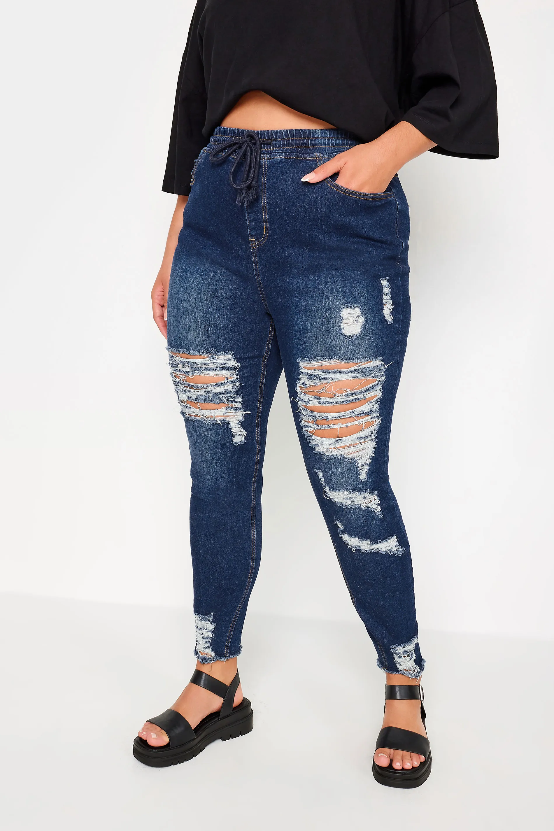 YOURS Curve Blue Elasticated Waist Ripped Stretch Skinny AVA Jeans