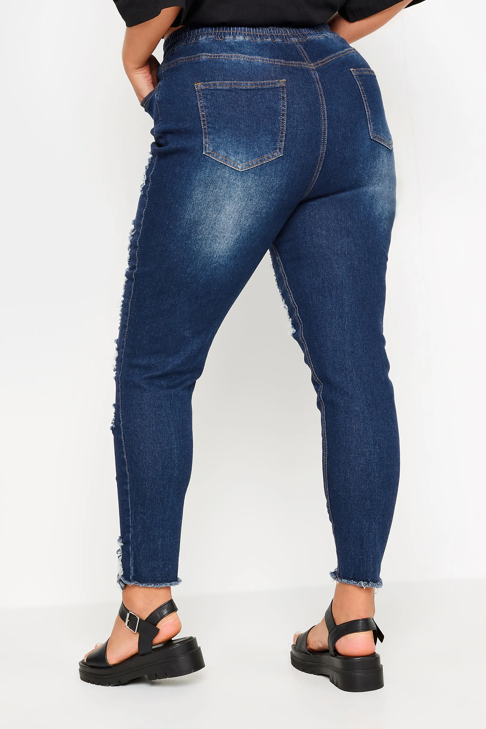 YOURS Curve Blue Elasticated Waist Ripped Stretch Skinny AVA Jeans