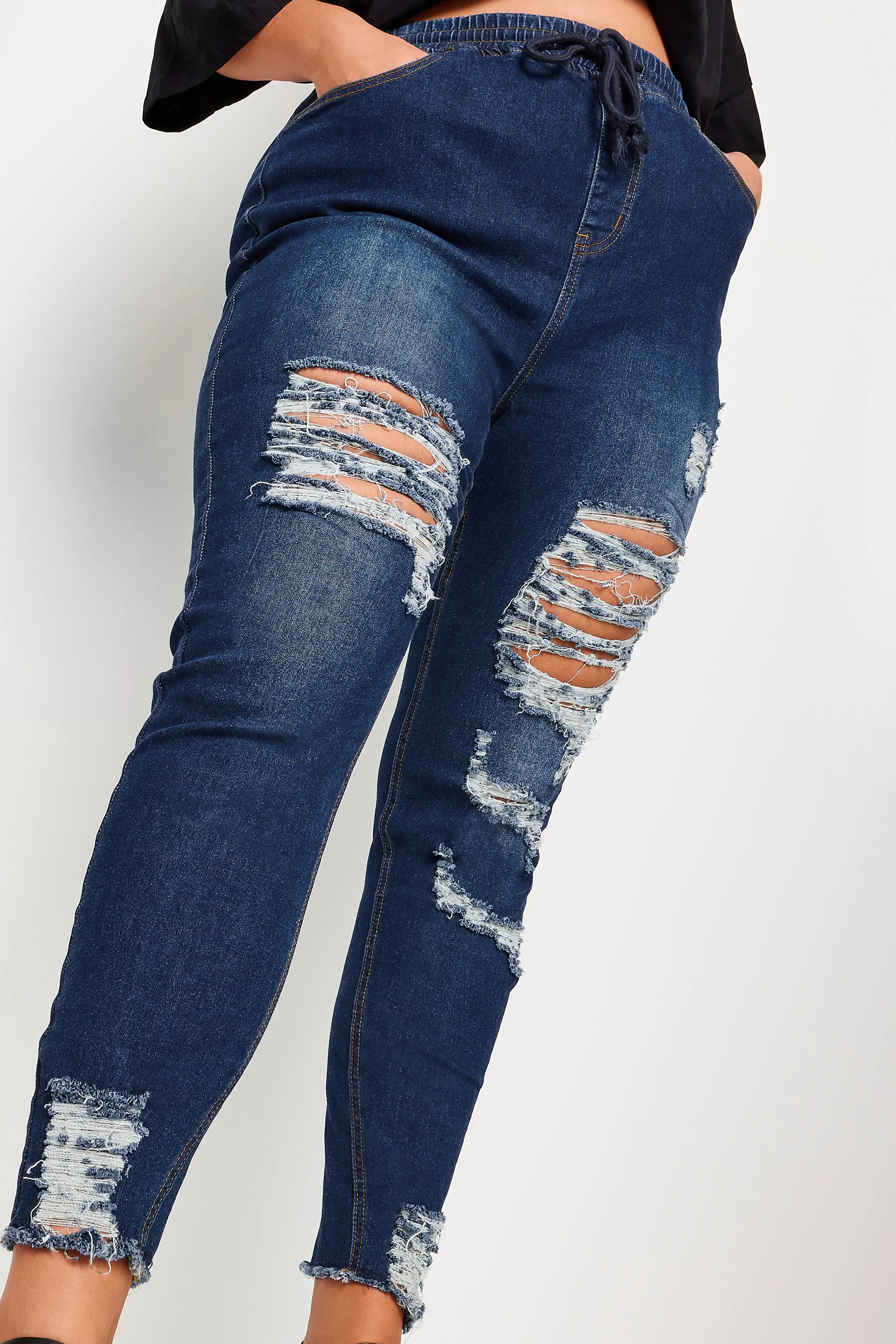 YOURS Curve Blue Elasticated Waist Ripped Stretch Skinny AVA Jeans