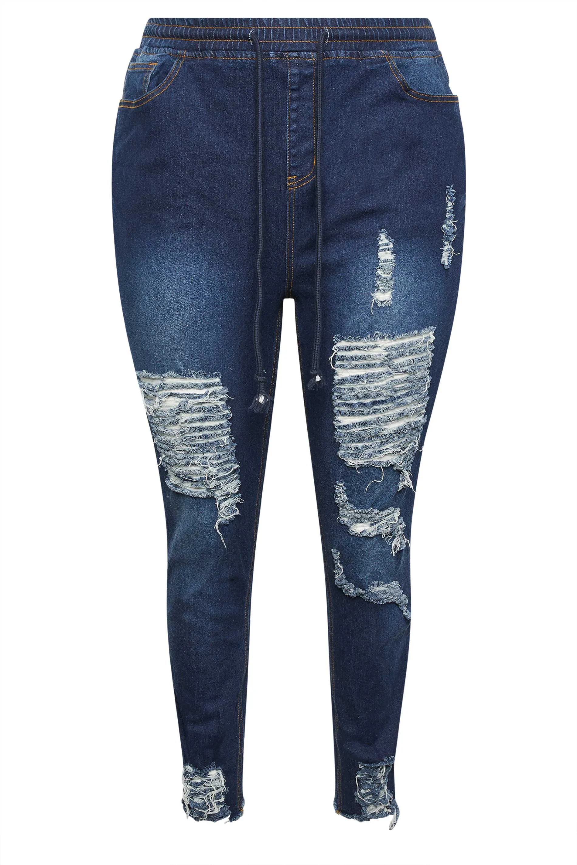 YOURS Curve Blue Elasticated Waist Ripped Stretch Skinny AVA Jeans